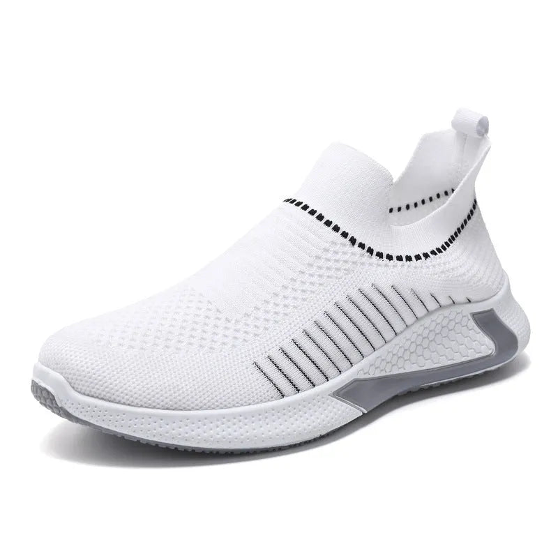 Men's low-top mesh sock sneakers with striped design and Flyknit upper.