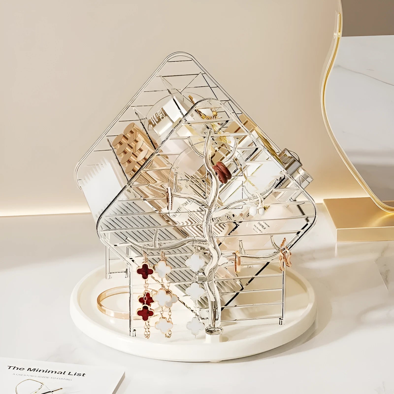 Rotating clear plastic cosmetics storage box on a counter, showing 360-degree spin function.
