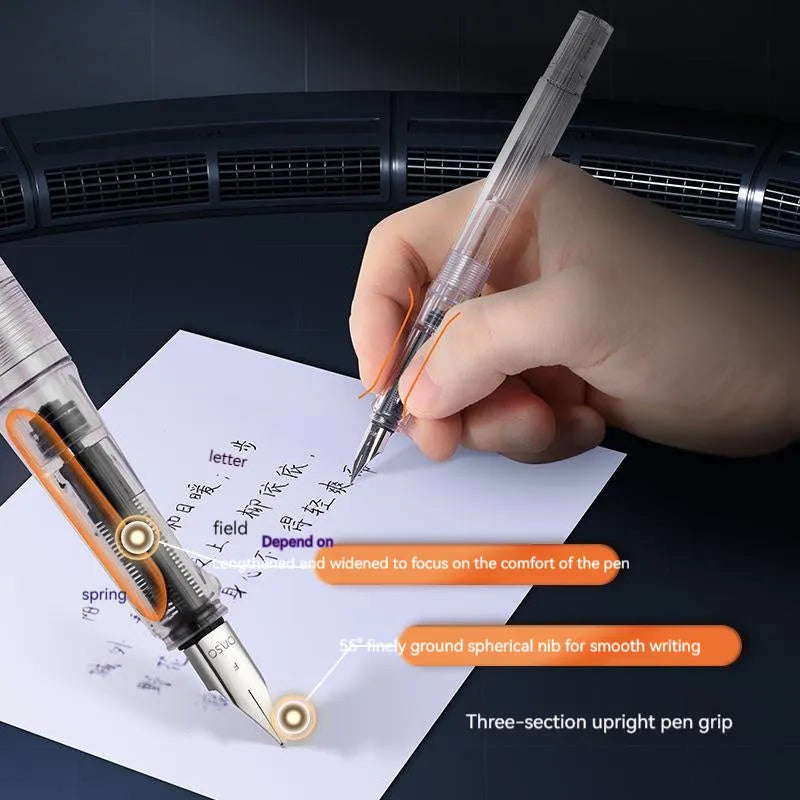 Automatic suction pen set with plastic shell, two nib sizes, ink feeder and handbag