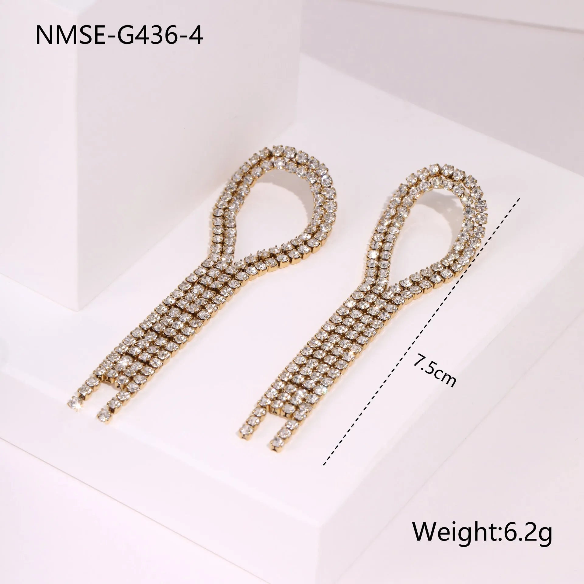 Women's stainless steel earrings with diamond tassel designs in heart, star and geometric shapes with 18K electroplated finish