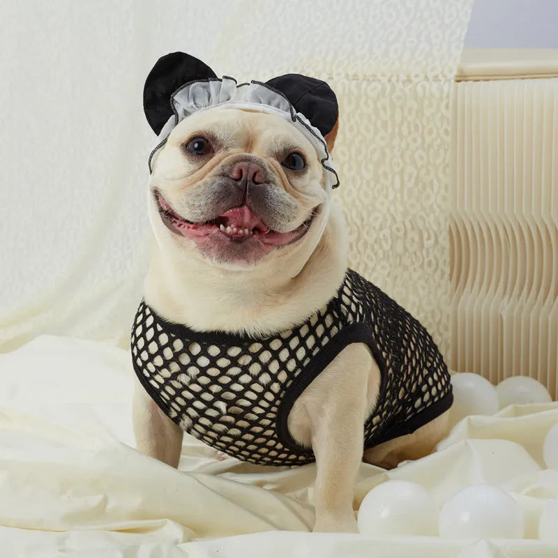 Hollow mesh dog vest in black with elastic large mesh fabric, side view on a dog