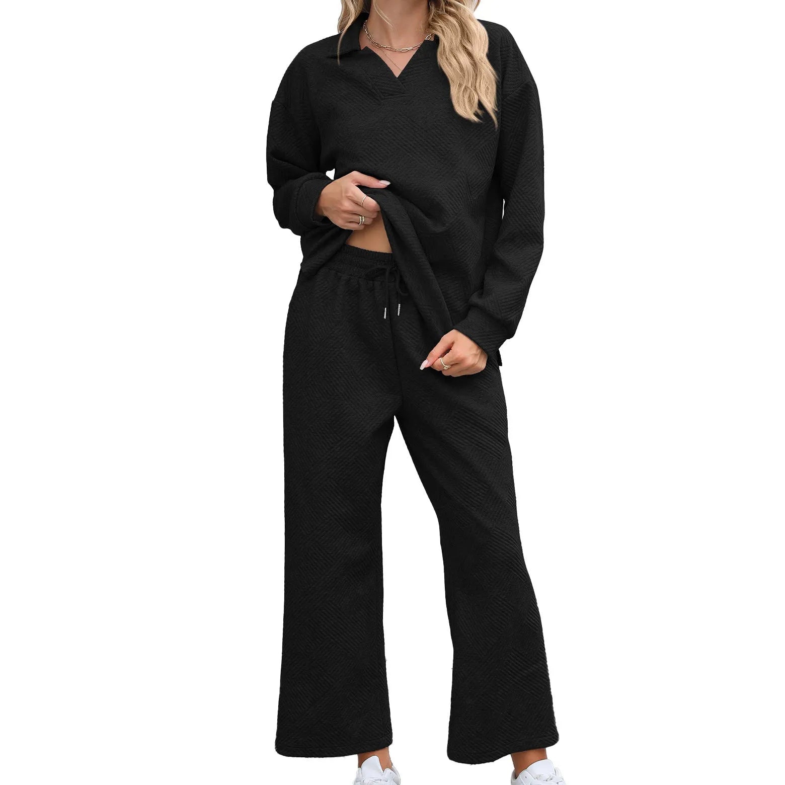 Women's solid colour knitted jacquard sweater and elastic waist pants suit in urban style