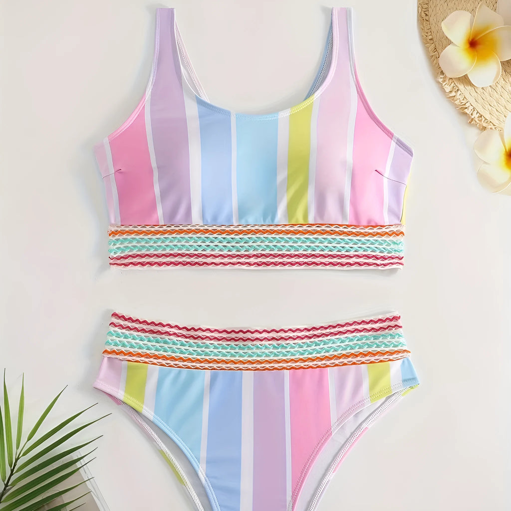 Women's striped bikini top and briefs set for swimming sports
