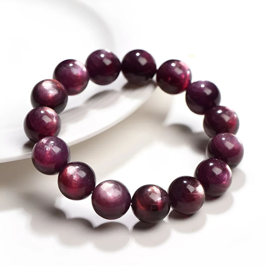 Polished natural purple lepidolite crystal round bead bracelet showing size options