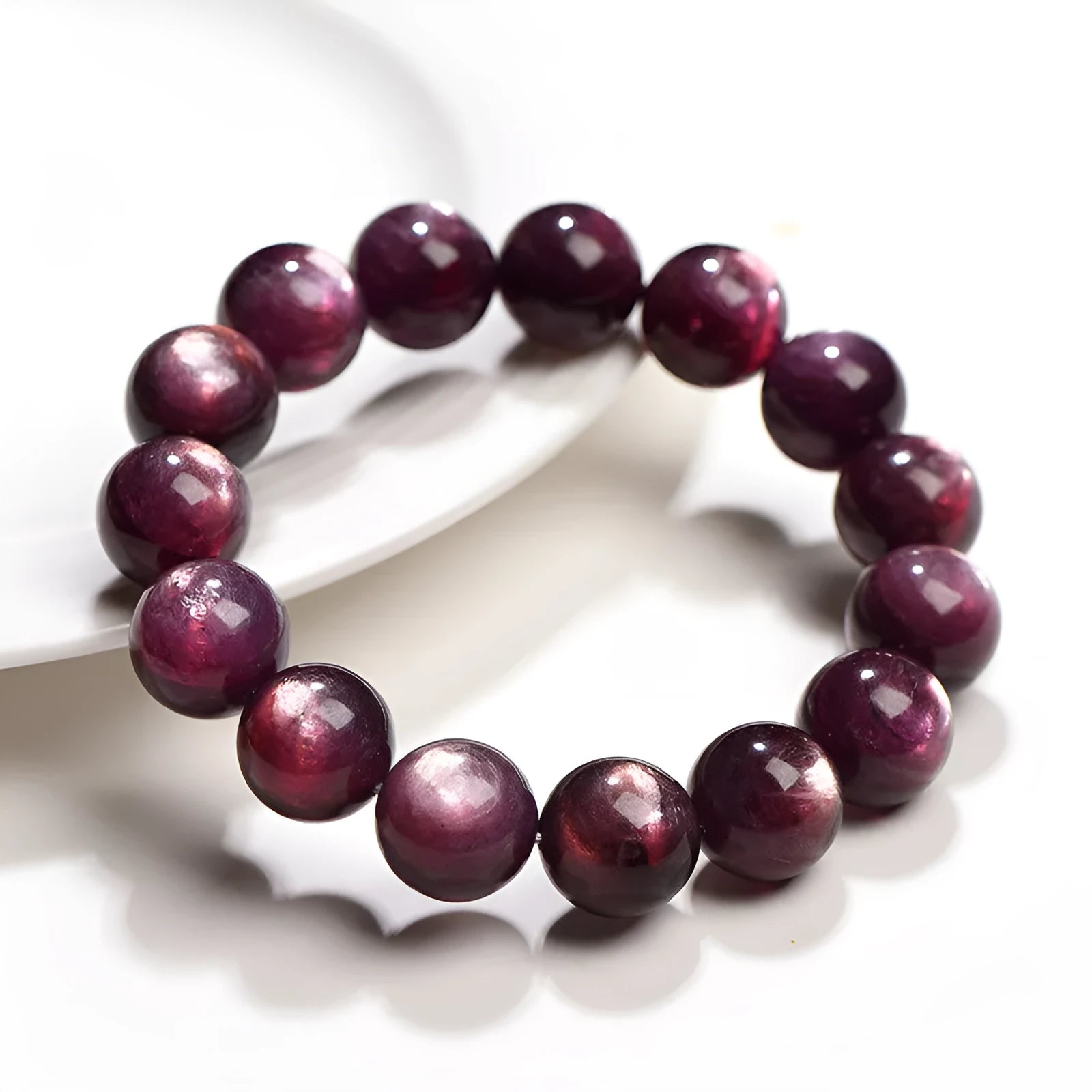 Polished natural purple lepidolite crystal round bead bracelet showing size options