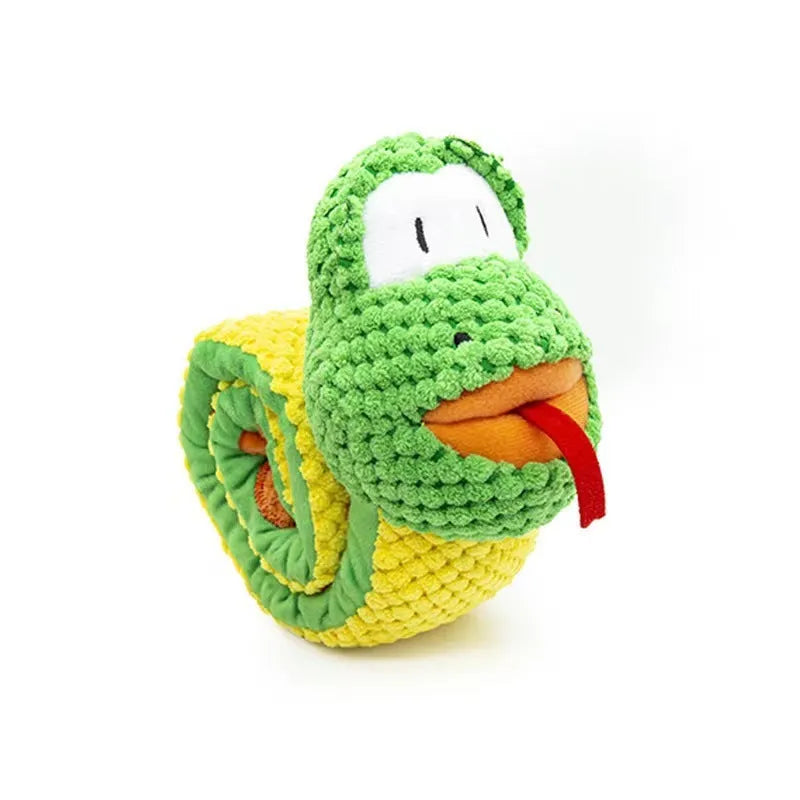 Convertible squeak dog toy in snail shape with hidden food holes for foraging training