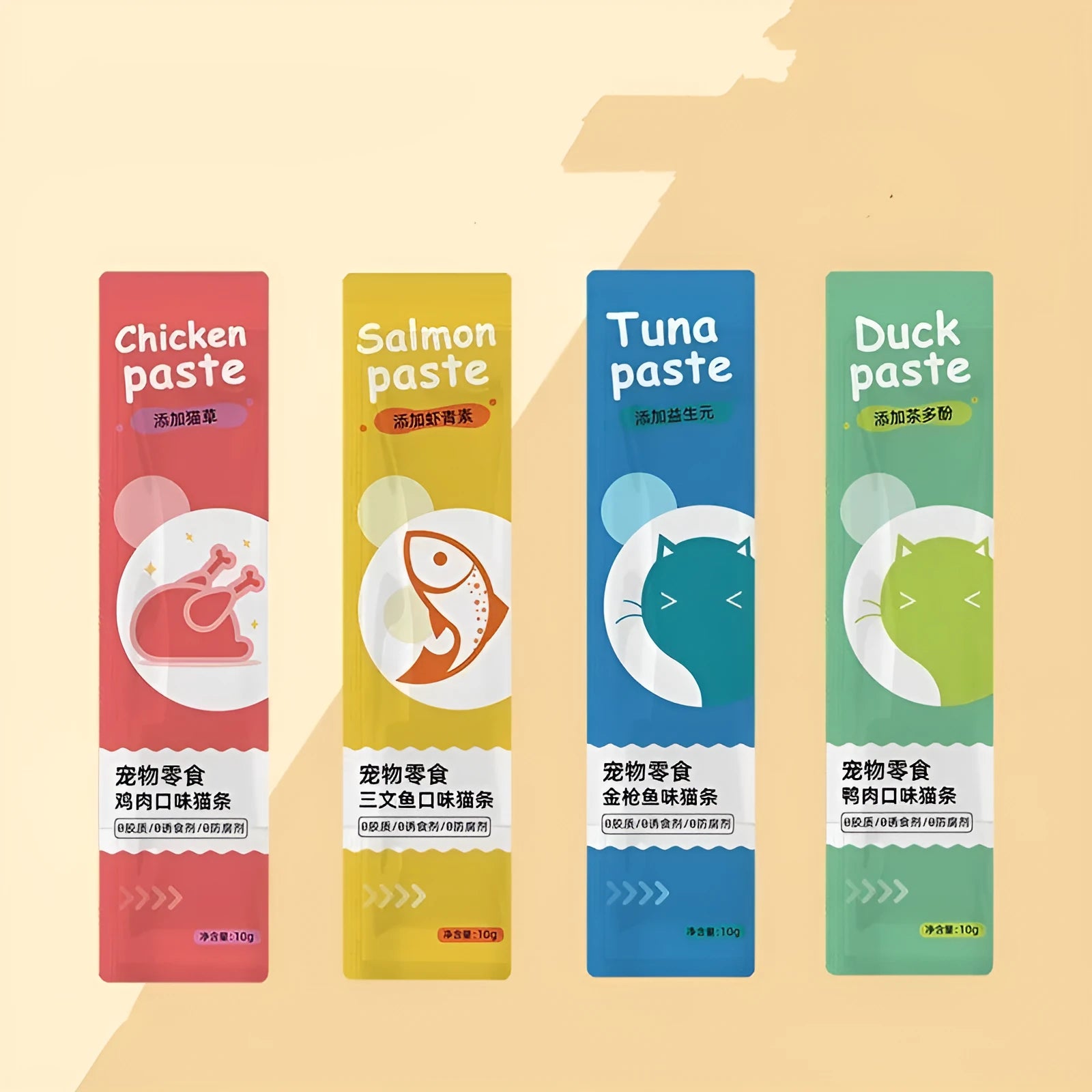 Cat strip snack multipack containing 10 pieces in four flavour varieties for cats