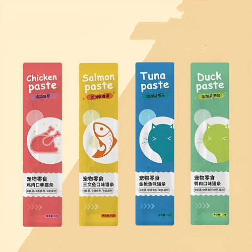 Cat strip snack multipack containing 10 pieces in four flavour varieties for cats