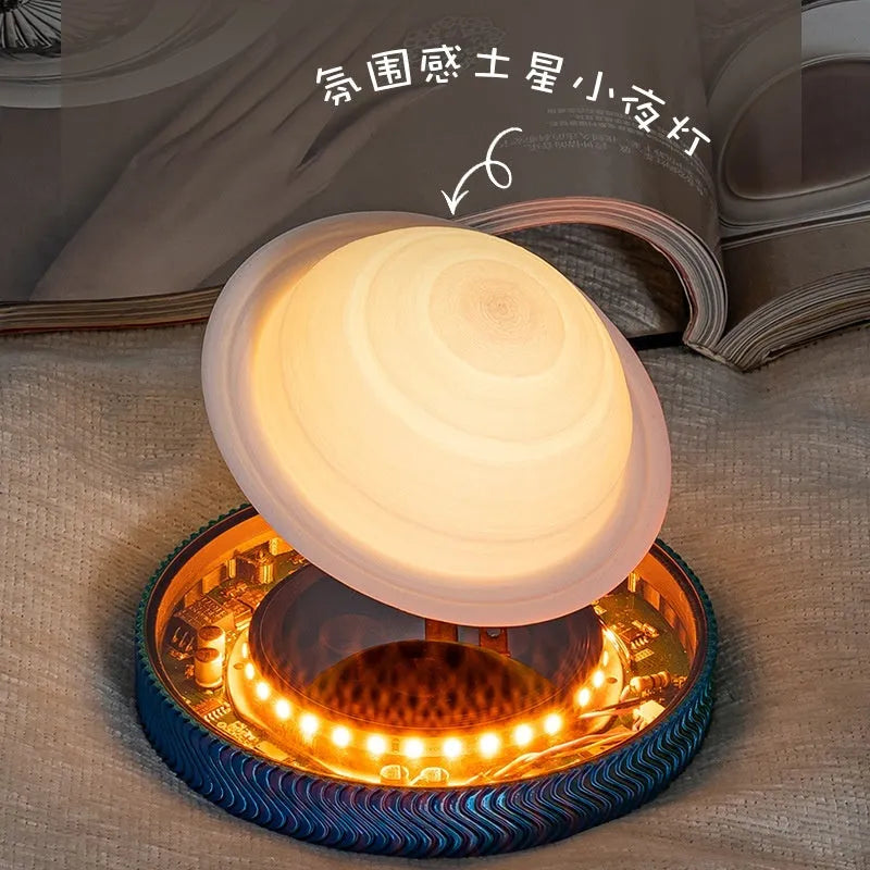 Small white magnetic suspension moon lamp floating above its base as a night light.