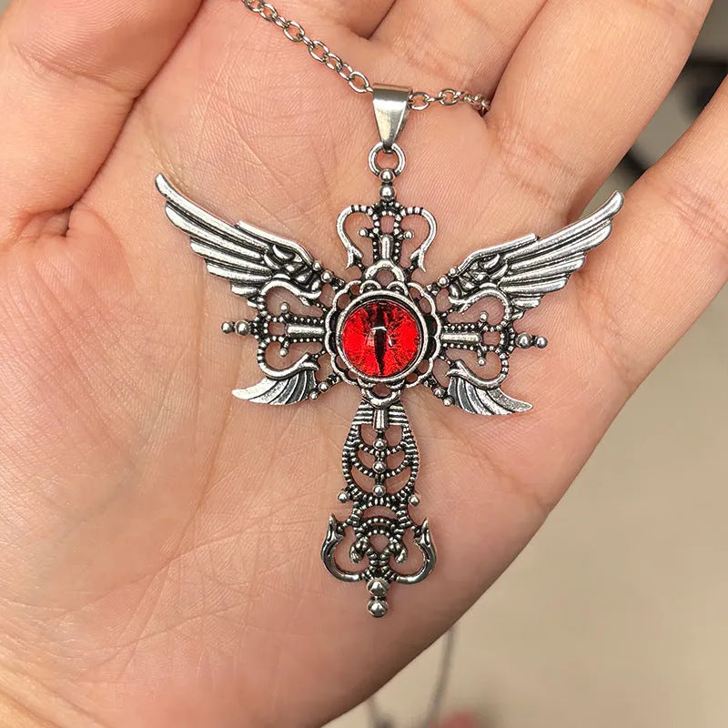 Alloy geometric pendant necklace with devil wings and cross design in blue, green, purple, red, or yellow