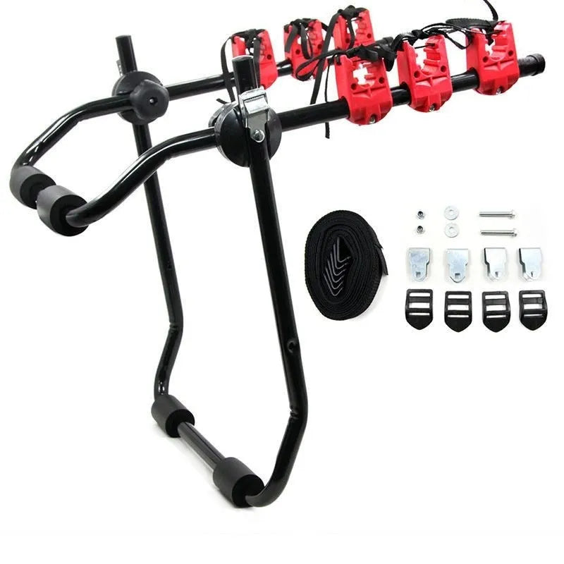 Black and red car boot mounted bicycle rack with protective sponge padding