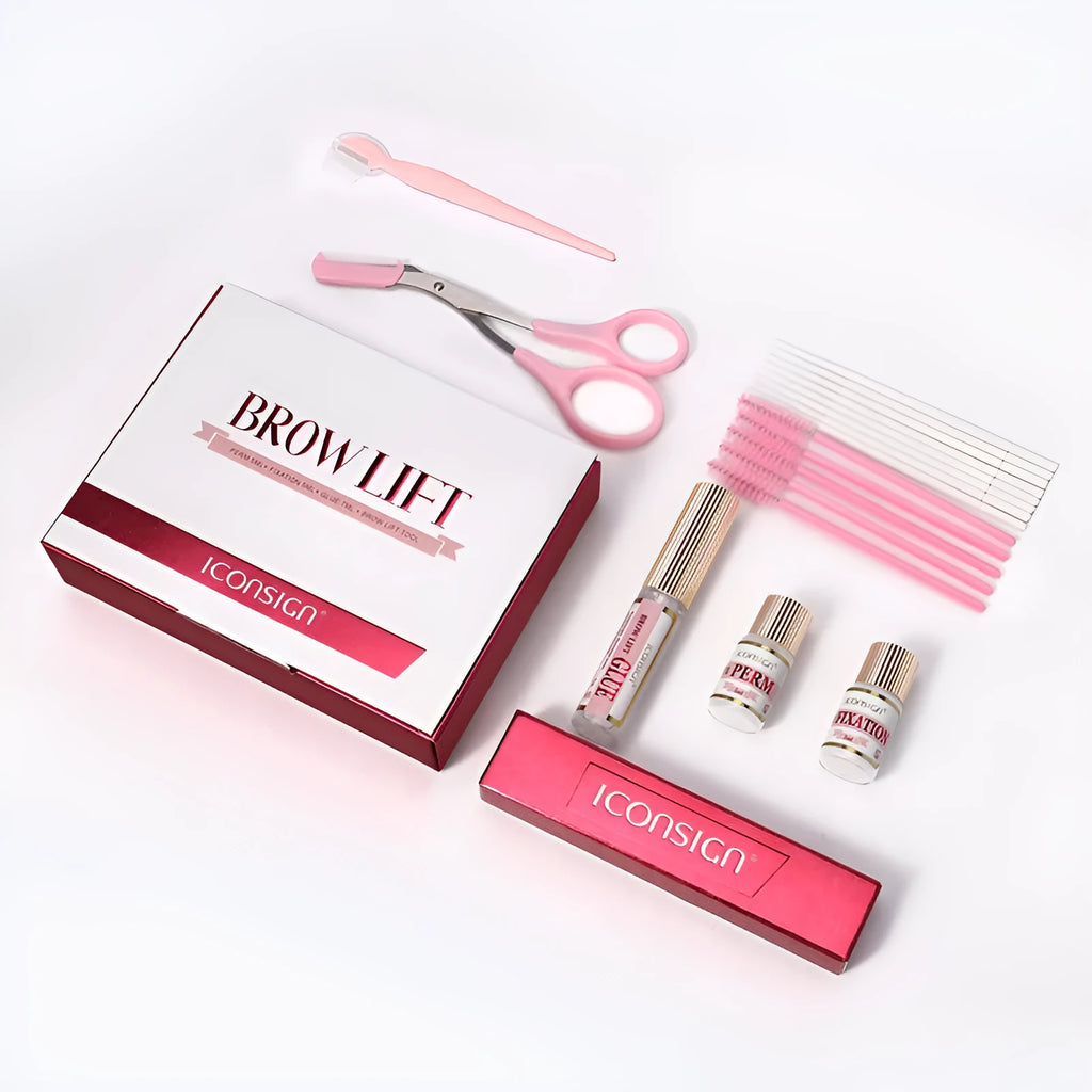 Pink eyebrow quick ironing tool and suit from an eyebrow perm and keratosis treatment kit.