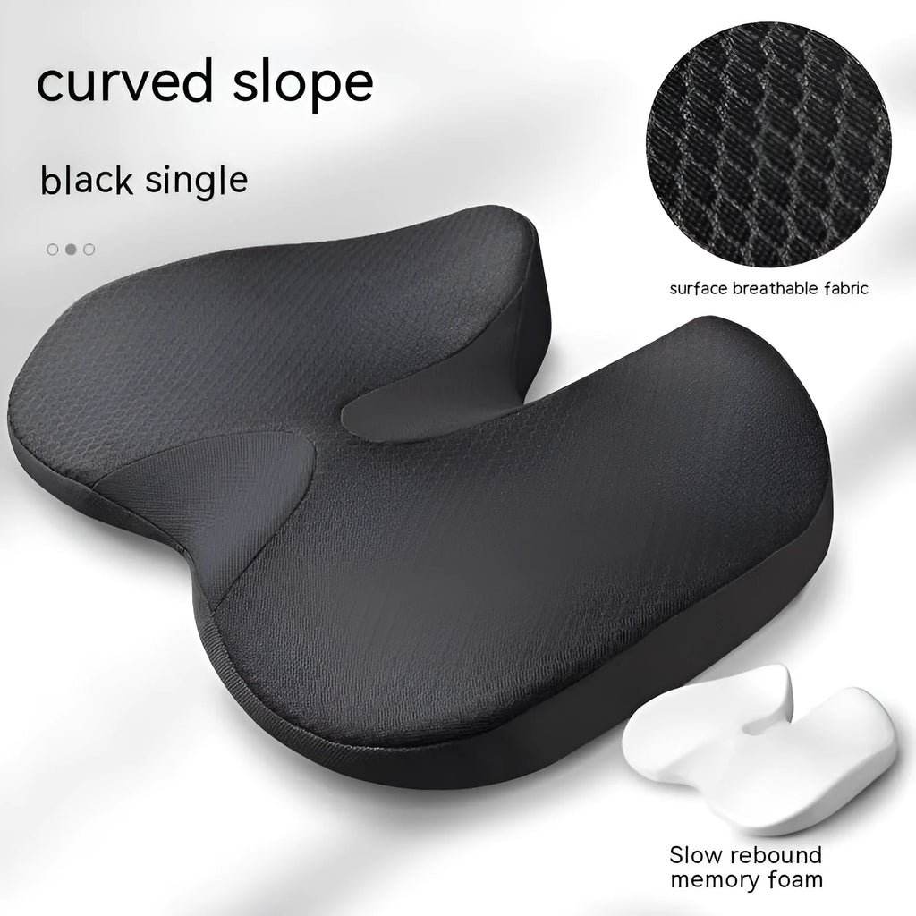 Curved memory foam seat cushion in beige for tailbone and back support