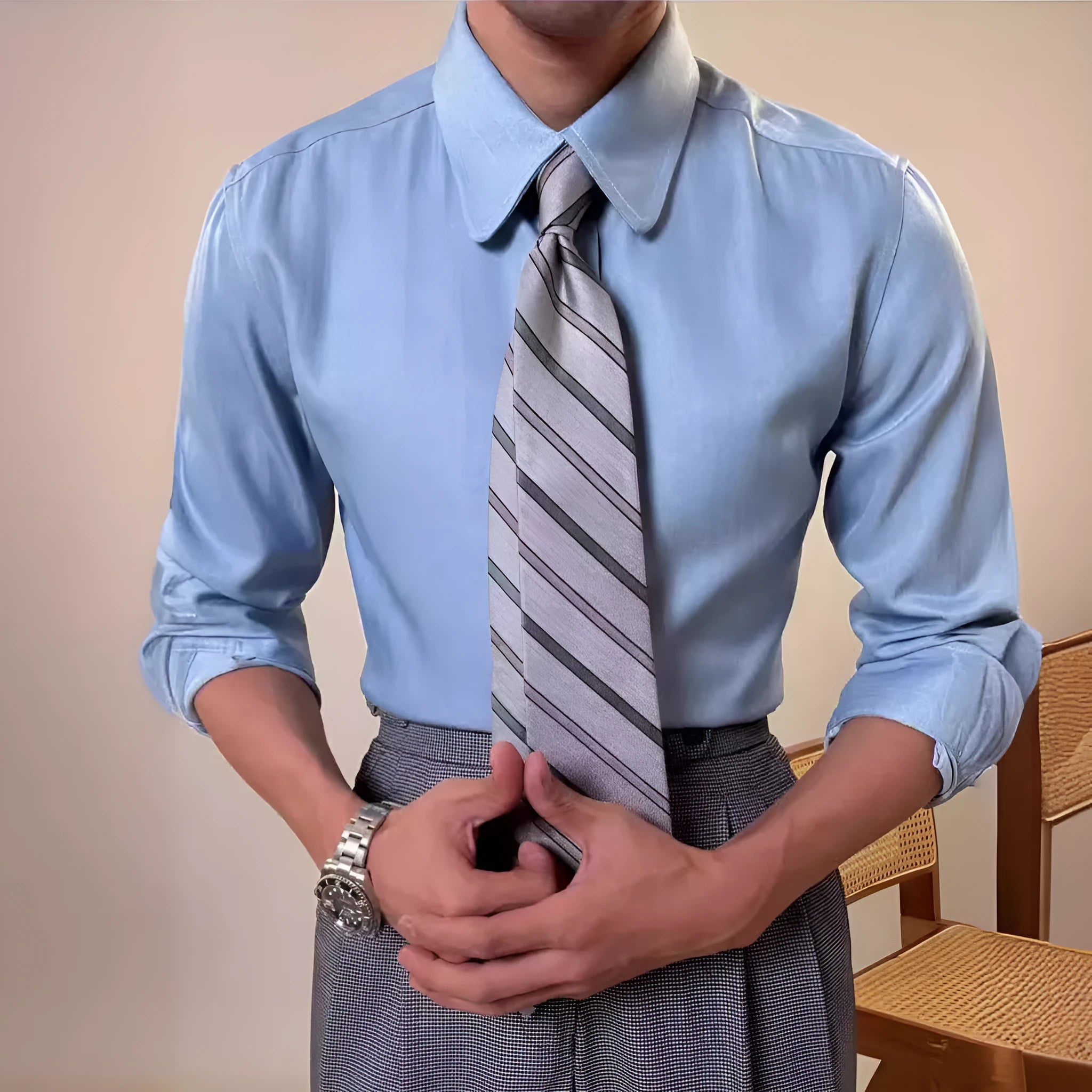 Men's blue long sleeve shirt with round collar and slim fit design