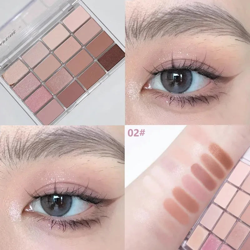 16 colours eye shadow plate with shimmer and matte finishes in multiple shades including pink and brown