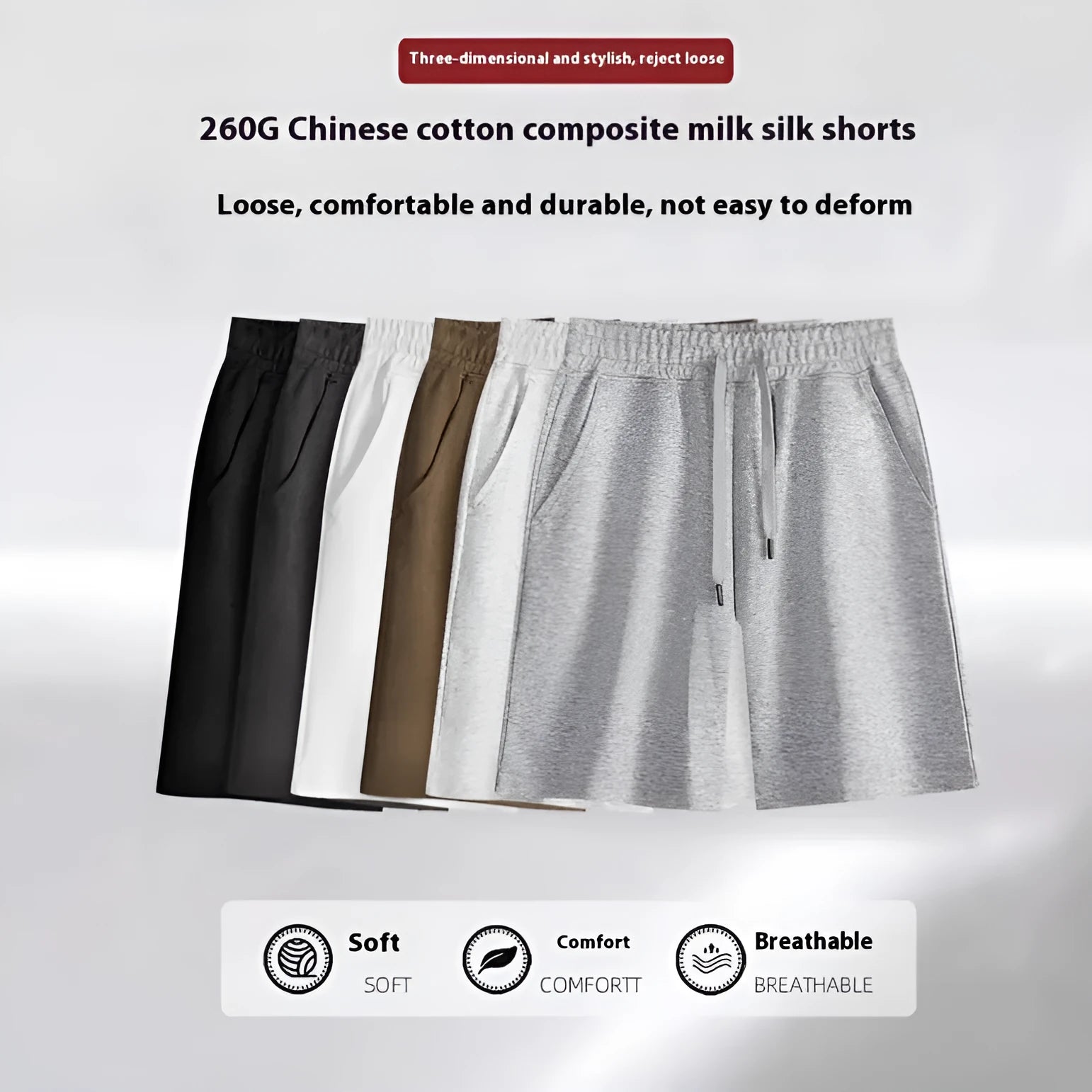 Cotton summer shorts with micro-elastic fabric in straight cut design showing colour options