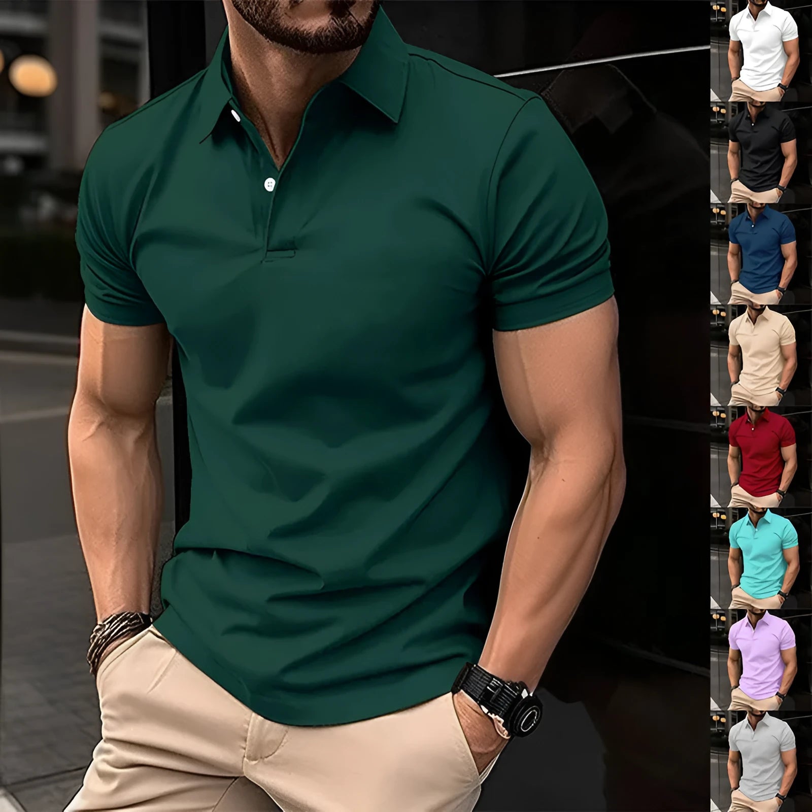 Men's solid colour short sleeve polo shirt with button lapel collar in cotton mixed fabric