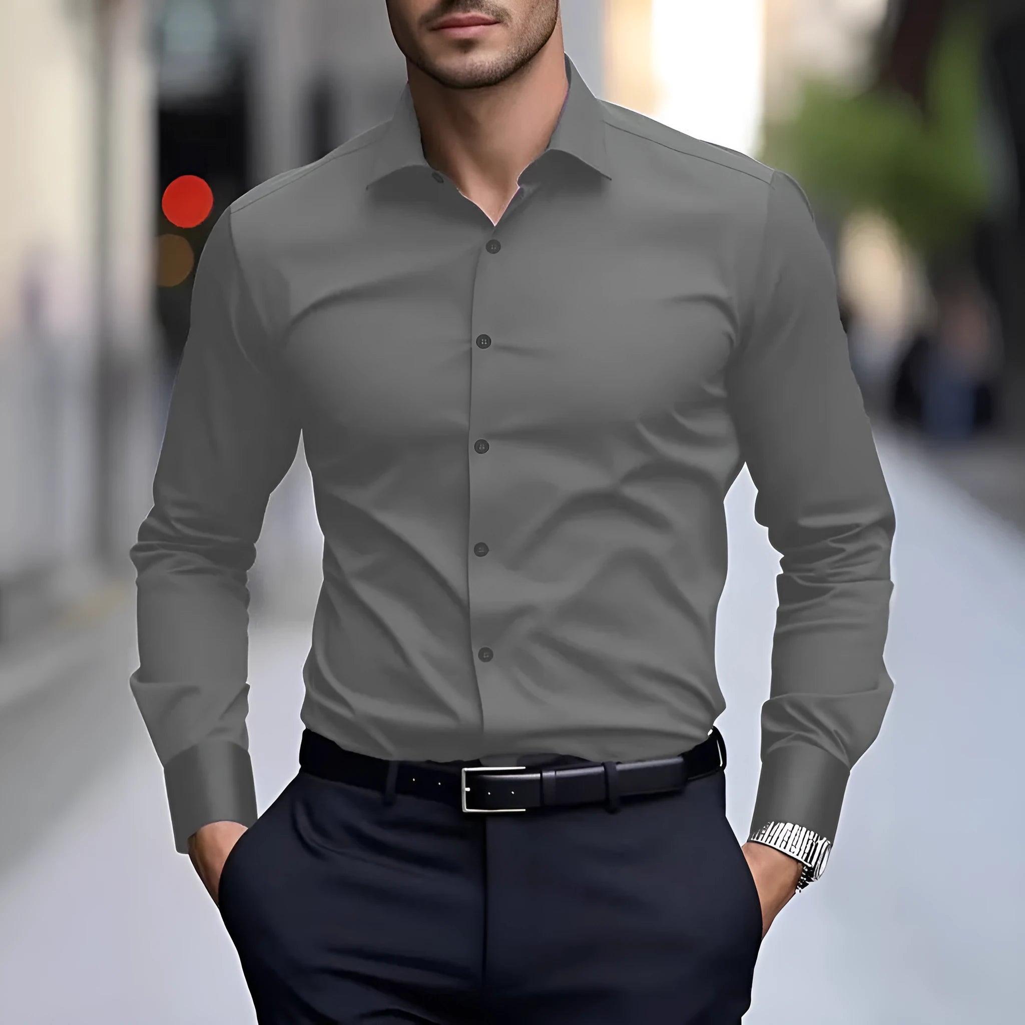 Slim fit long-sleeved solid colour cotton shirt for men, available in multiple colours for business workwear