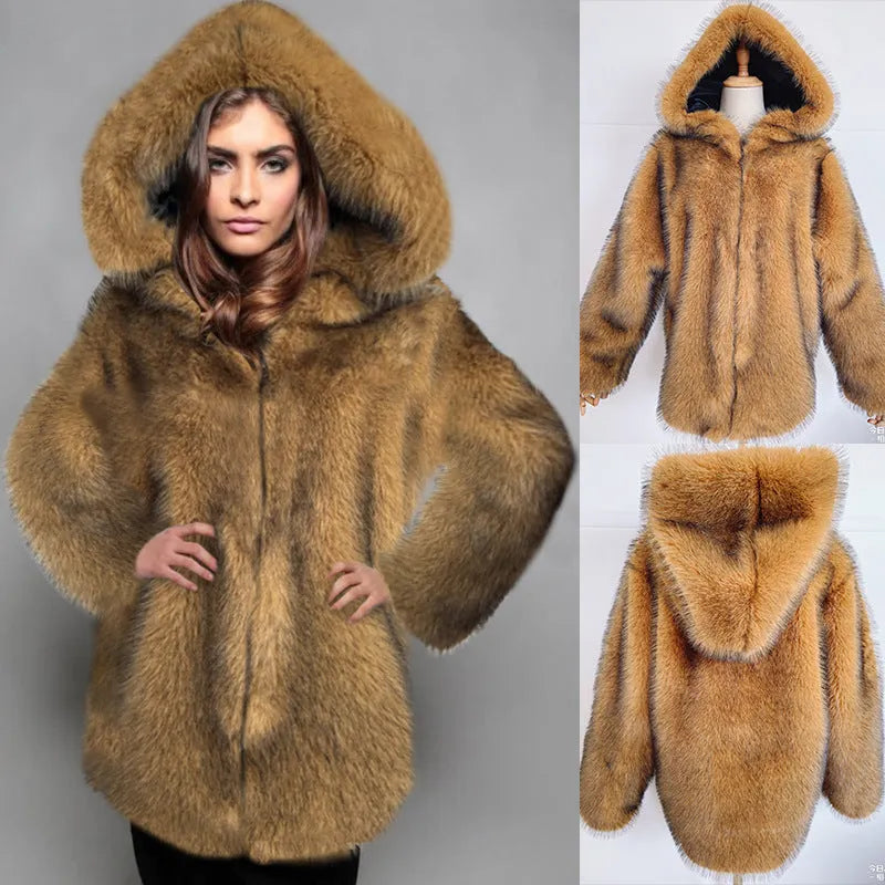 Women's mid-length artificial fur coat in loose trendy style with regular sleeves