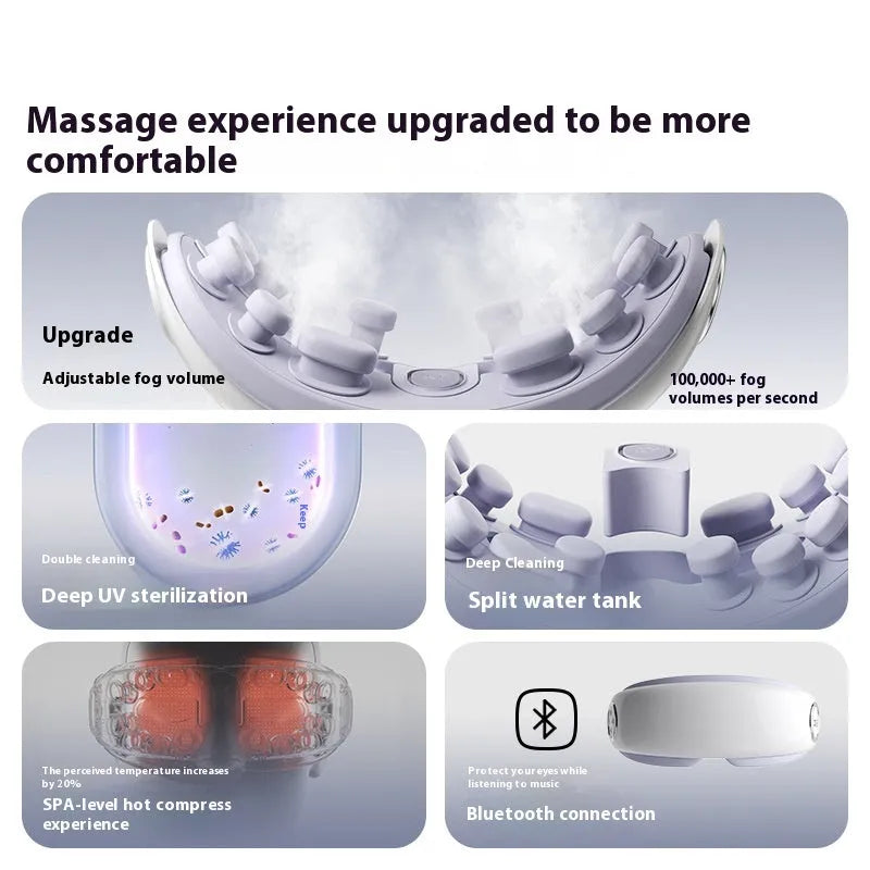 Purplish grey rechargeable Bluetooth eye steam massager and hot compress device on a plain background.