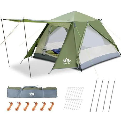 Dark green automatic pop-up camping tent with rainfly, suitable for two people