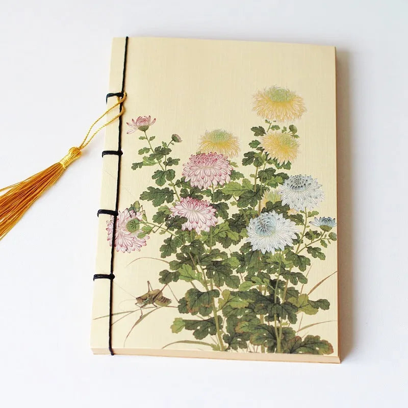 A5 antique wire-bound notebook with retro painting design on white cowhide cover