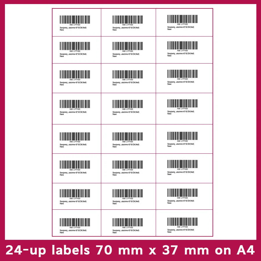 A4 FBA label paper sheets showing ten different grid formats for barcode and serial number printing