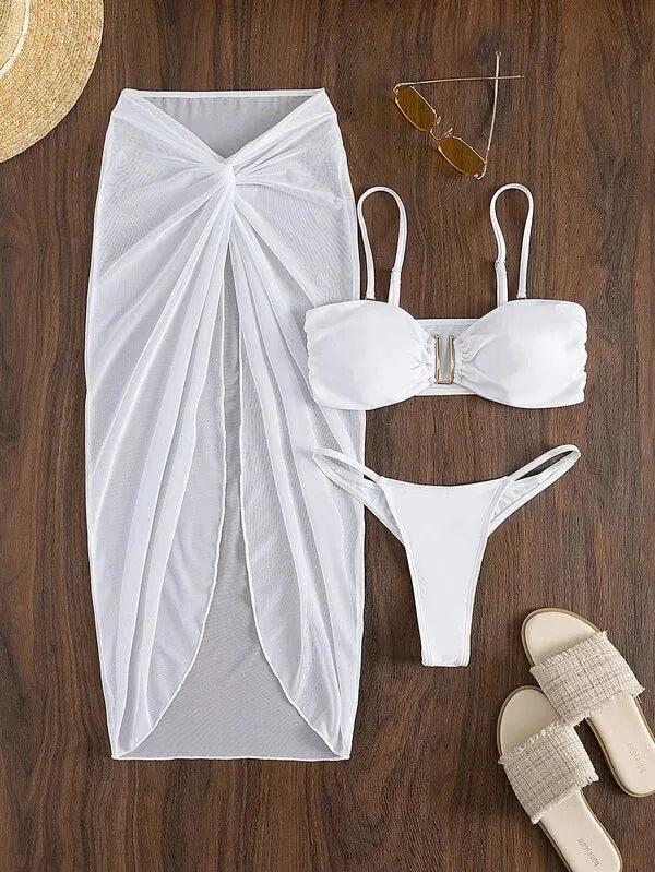 Women's three-piece bikini set with long culottes shorts in multiple colour options