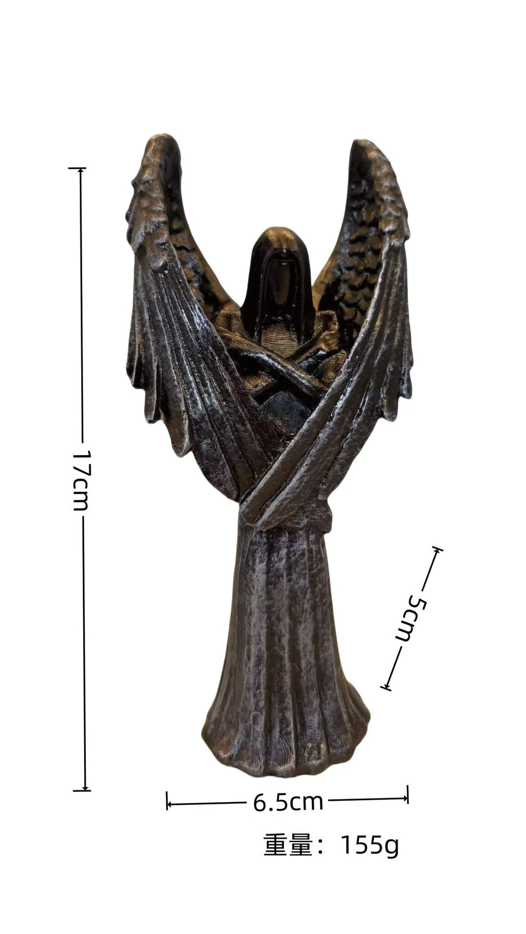 Dark angel resin statue ornament on a shelf, showing detailed sculptural form and dark colour finish.
