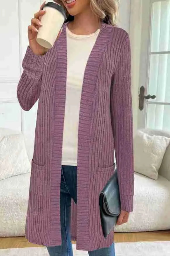Loose fitting long sleeve knitted cardigan jacket with pockets in black, wine red and grey colours