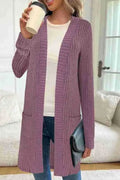 Loose fitting long sleeve knitted cardigan jacket with pockets in black, wine red and grey colours
