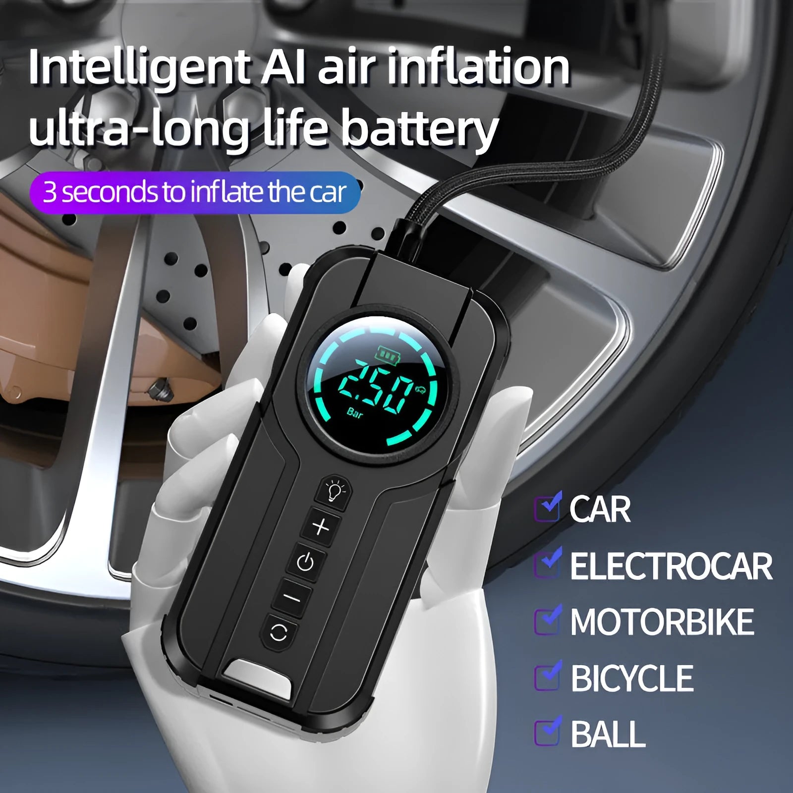 Portable wireless tyre inflator with digital display in a black ABS case alongside its carry bag and nozzle attachments.