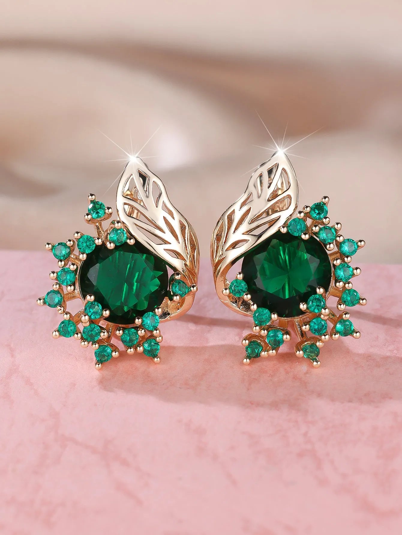 Round flower feather earrings with zircon stones in champagne gold finish, six colour options