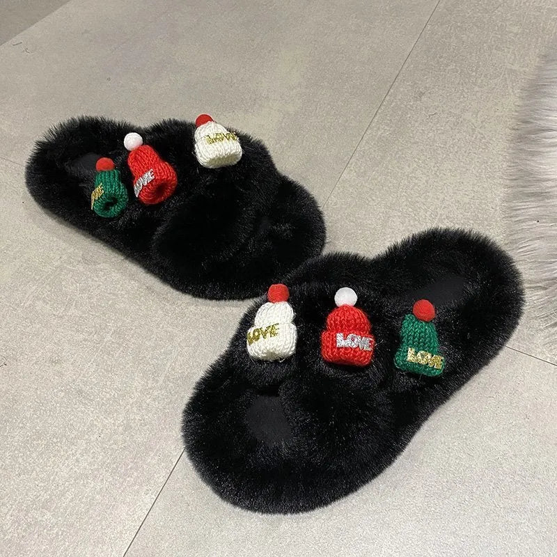 Women's Christmas slippers with hat decoration on super hairy plush upper, shown in black, khaki, and white colours.