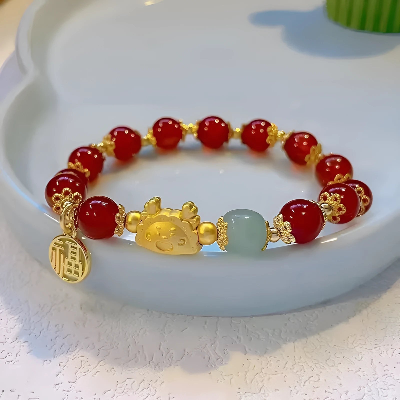 Women's floral glazed glass bracelet with electroplated zodiac charm and coloured beads