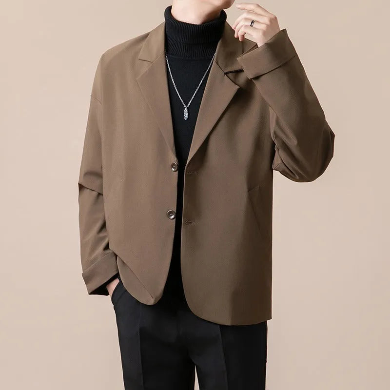 Men's loose fit casual suit jacket in chemical fibre blend fabric showing colour options