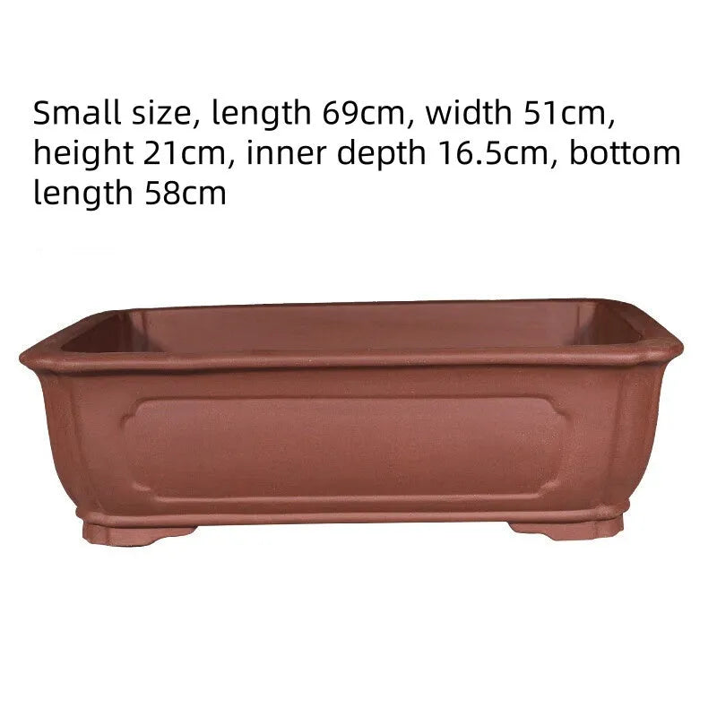Large rectangular purple clay bonsai flowerpot shown in three available sizes for garden or indoor use.