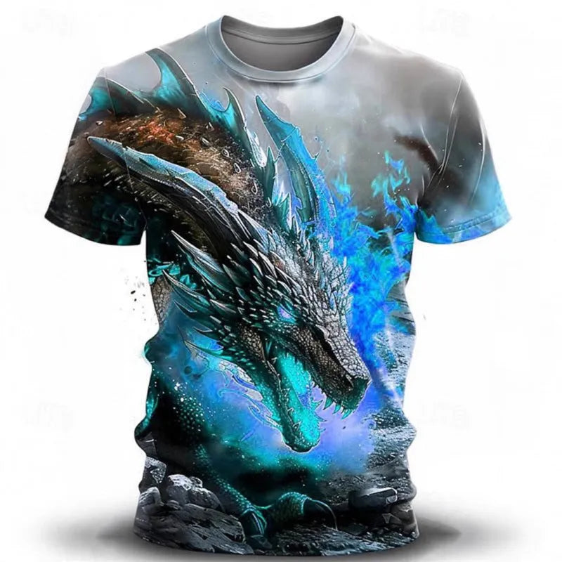 Man wearing a grey T-shirt with a large blue and white 3D Wind Dragon print across the chest.
