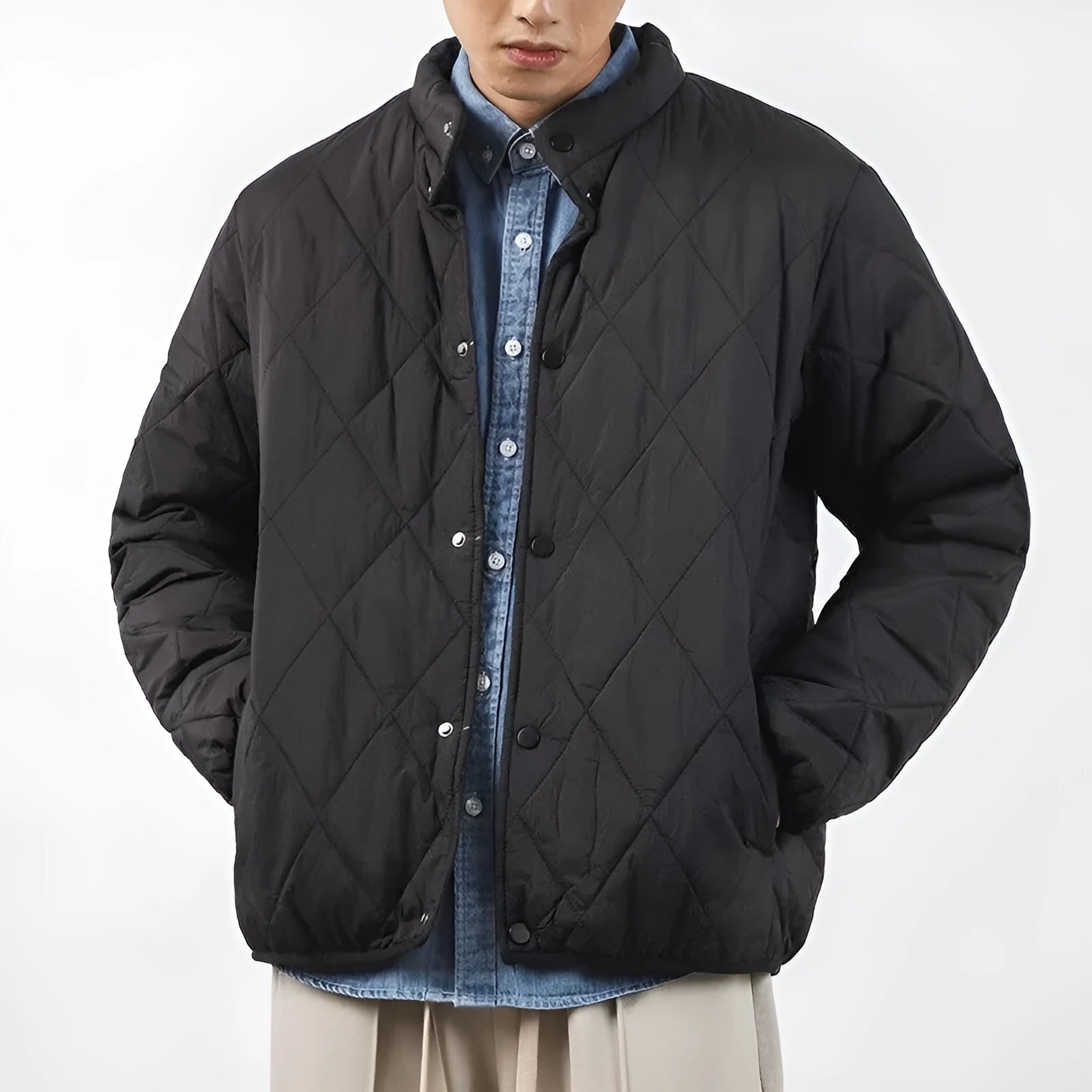 Men's black diamond pattern winter jacket with loose fit and elongated length