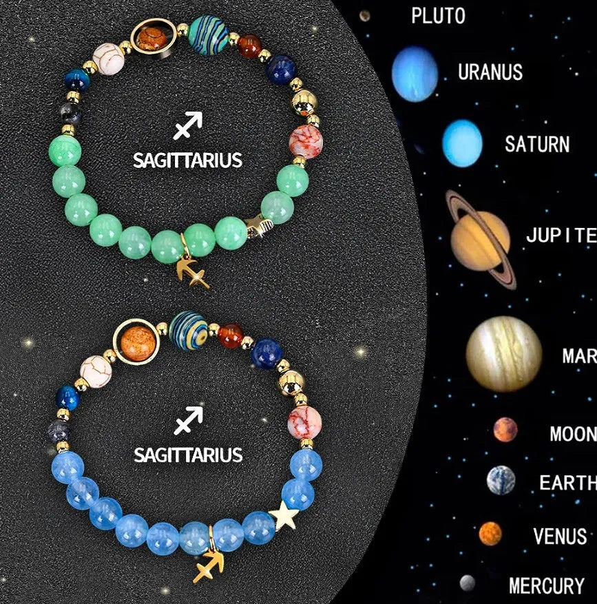 Two natural stone beaded bracelets showing zodiac symbols for all twelve astrology signs