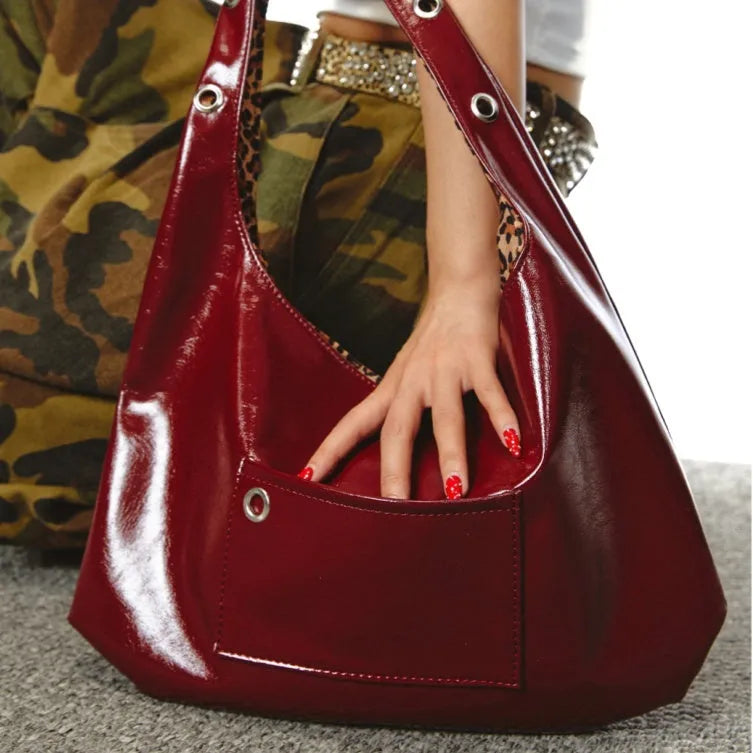 Red leopard print women's shoulder bag with dumpling shape design