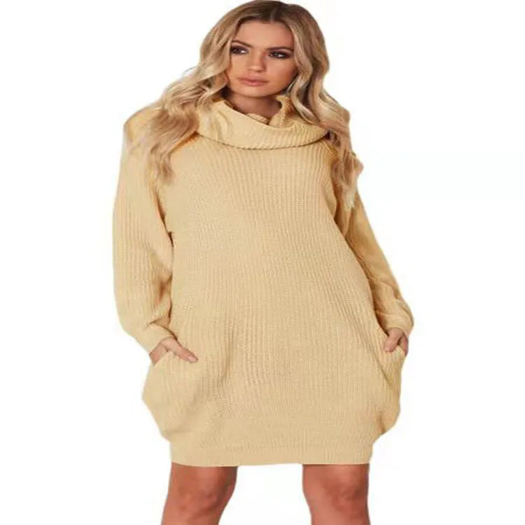 Women's apricot lapel collar sweater with side pockets, loose slim fit on mannequin