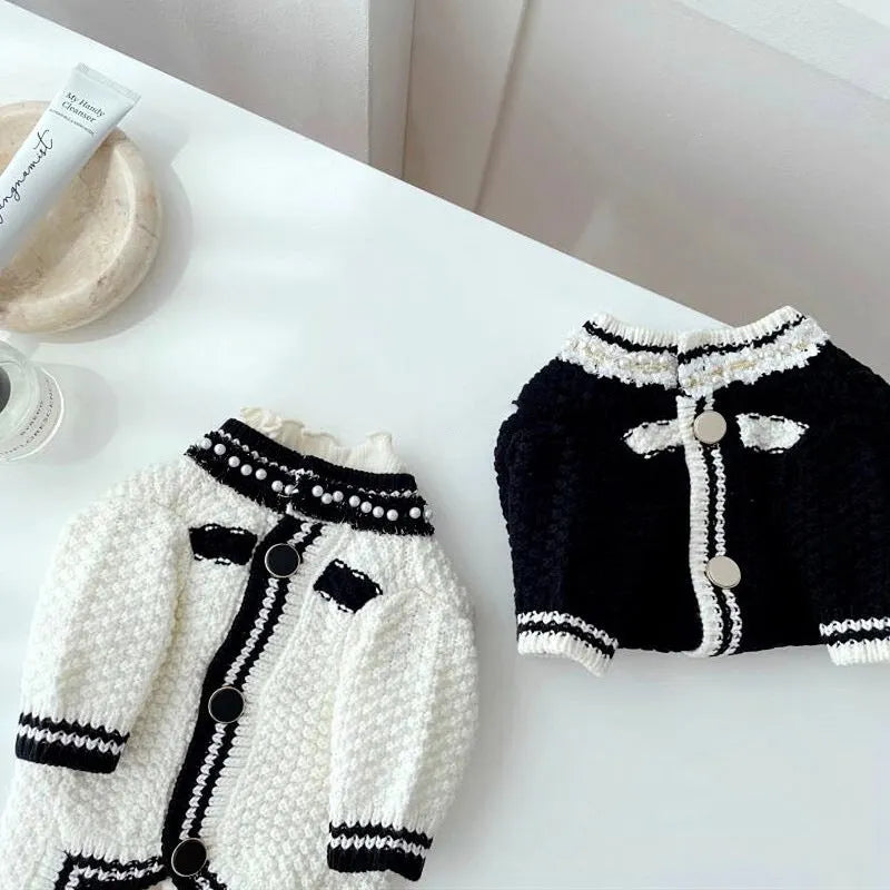Korean style dog sweater with pearl collar in black or white colour options