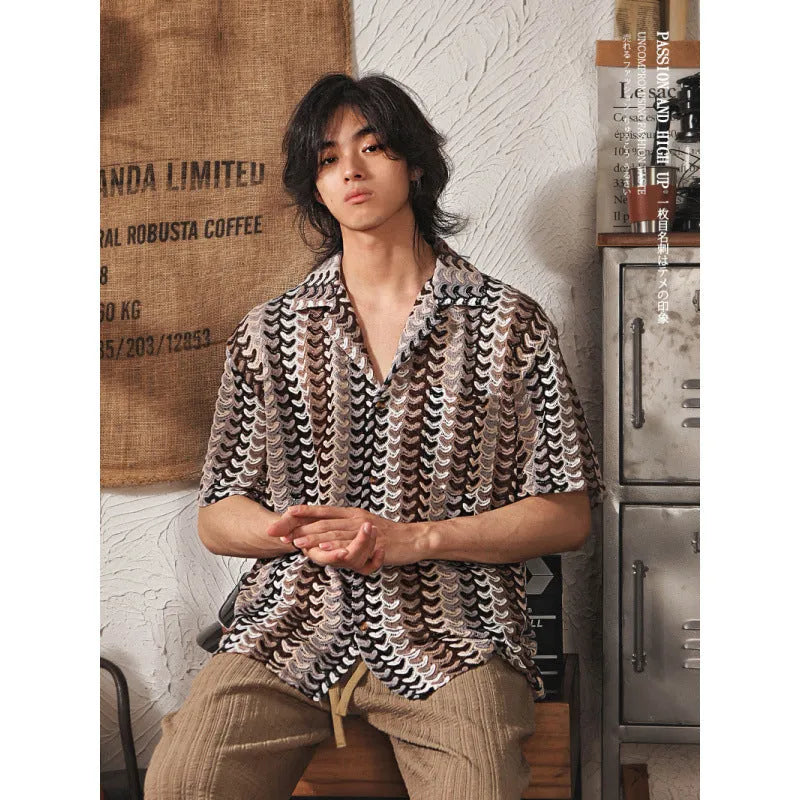 Japanese style Cuban collar short sleeve shirt in grey jacquard fabric with fleece lining