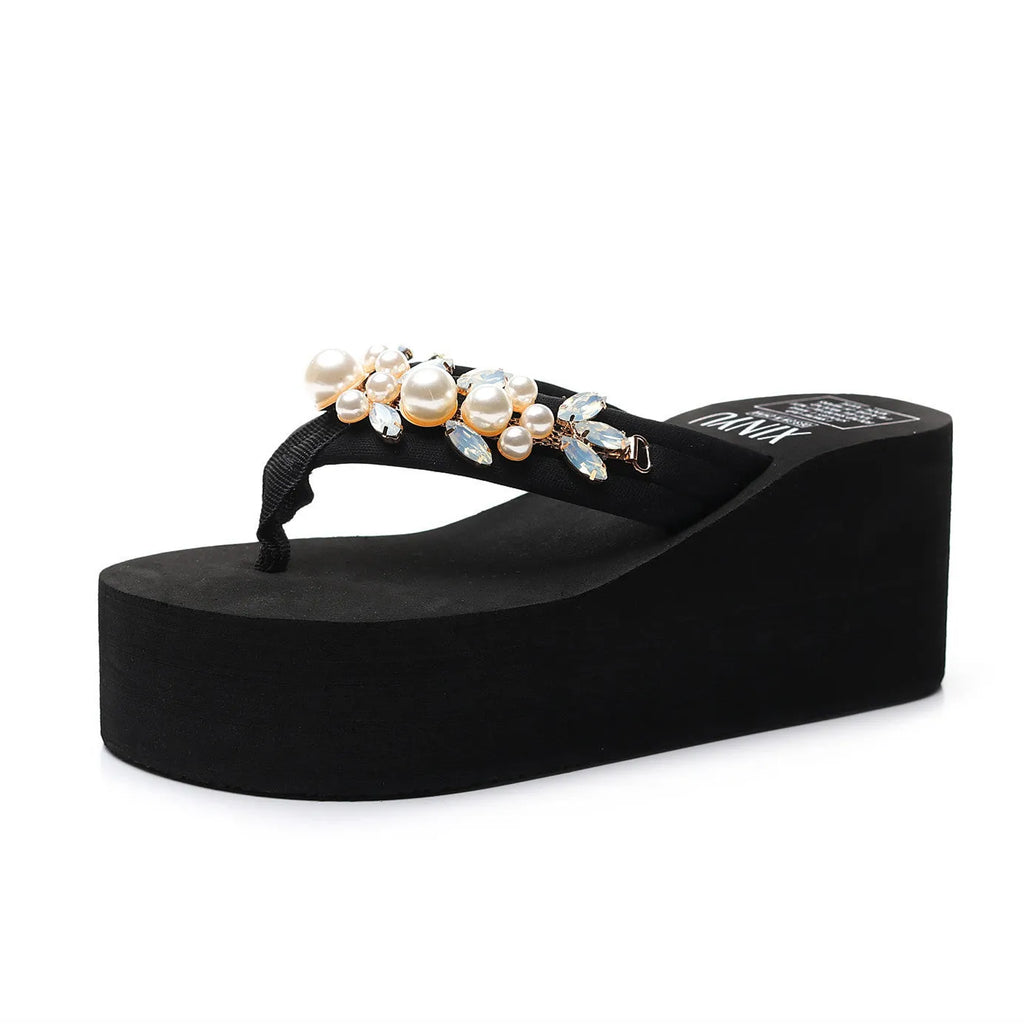 Women's high-heeled flip-flops in cotton with 6cm block heel, shown in beige and black colours