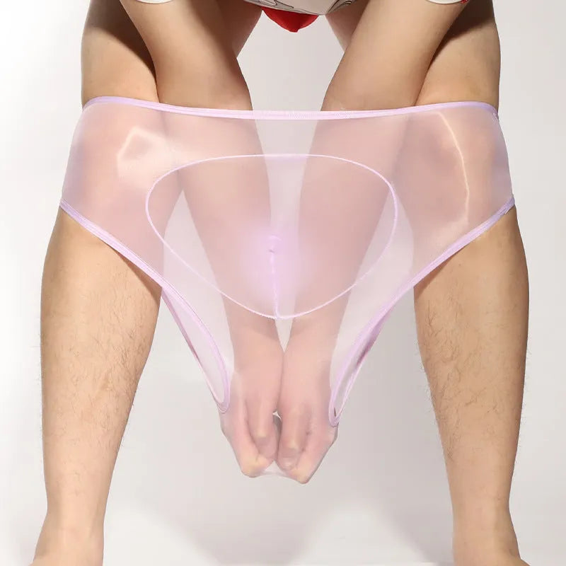 Ultra-thin silky nylon men's briefs with bullet separation design in multiple colour options.
