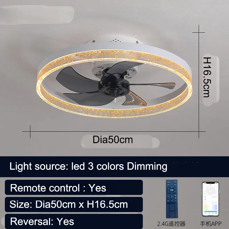 Nordic style remote control ceiling fan lamp with LED lights in a coffee gold finish.