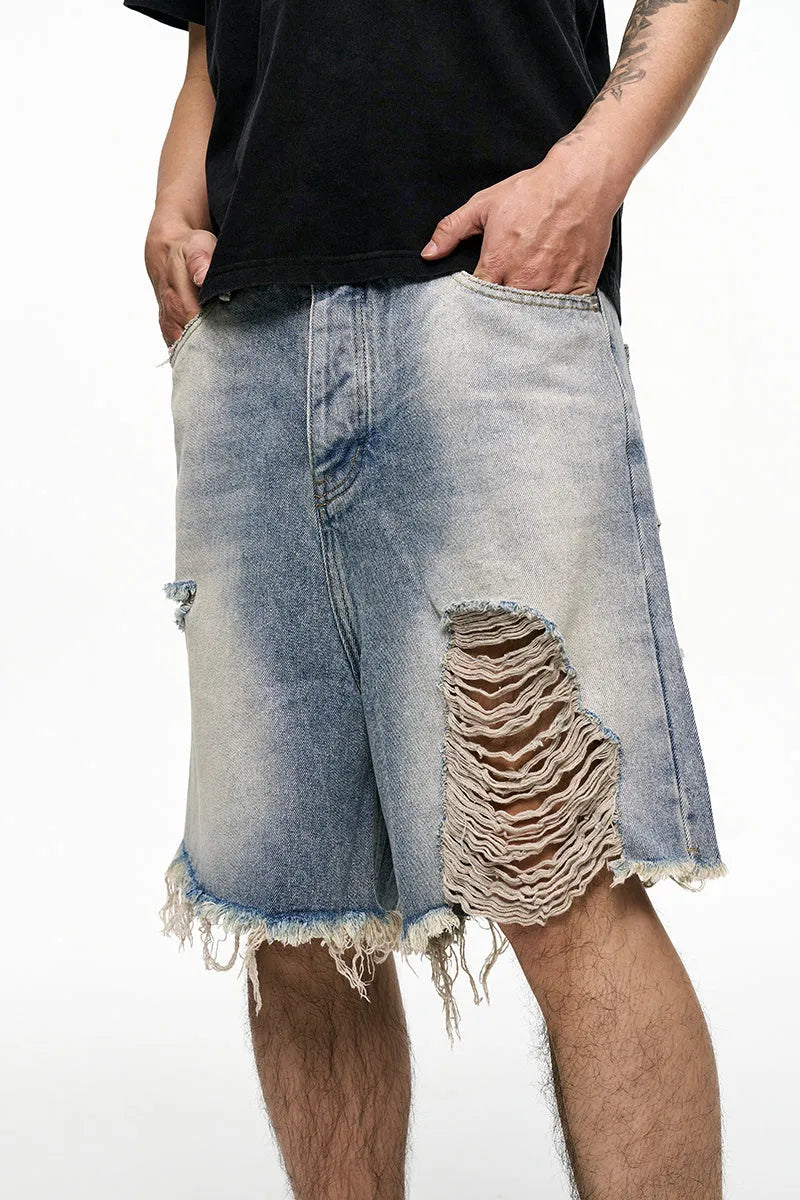 Men's light blue baggy denim shorts with wide leg design and mid waist