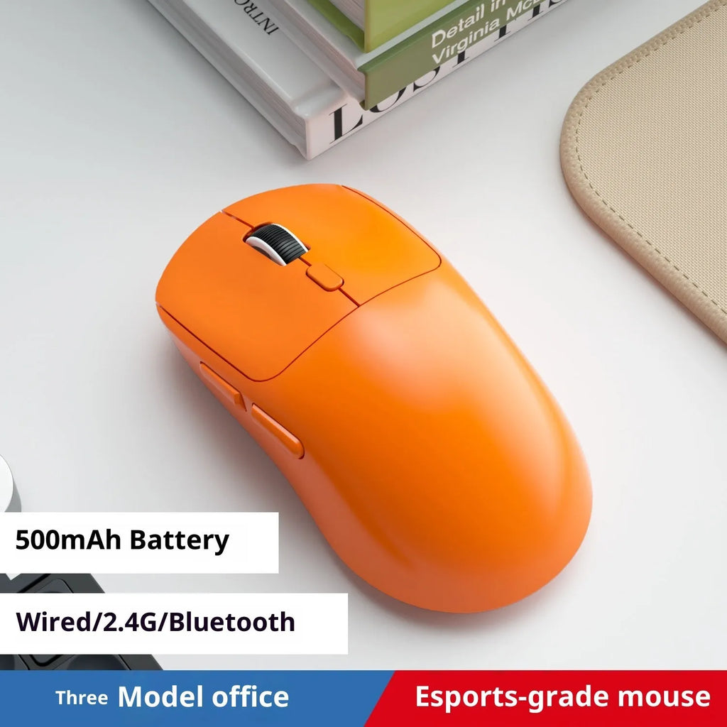 Three-mode wireless mouse in gradient grey white with self-charging USB port and quiet buttons