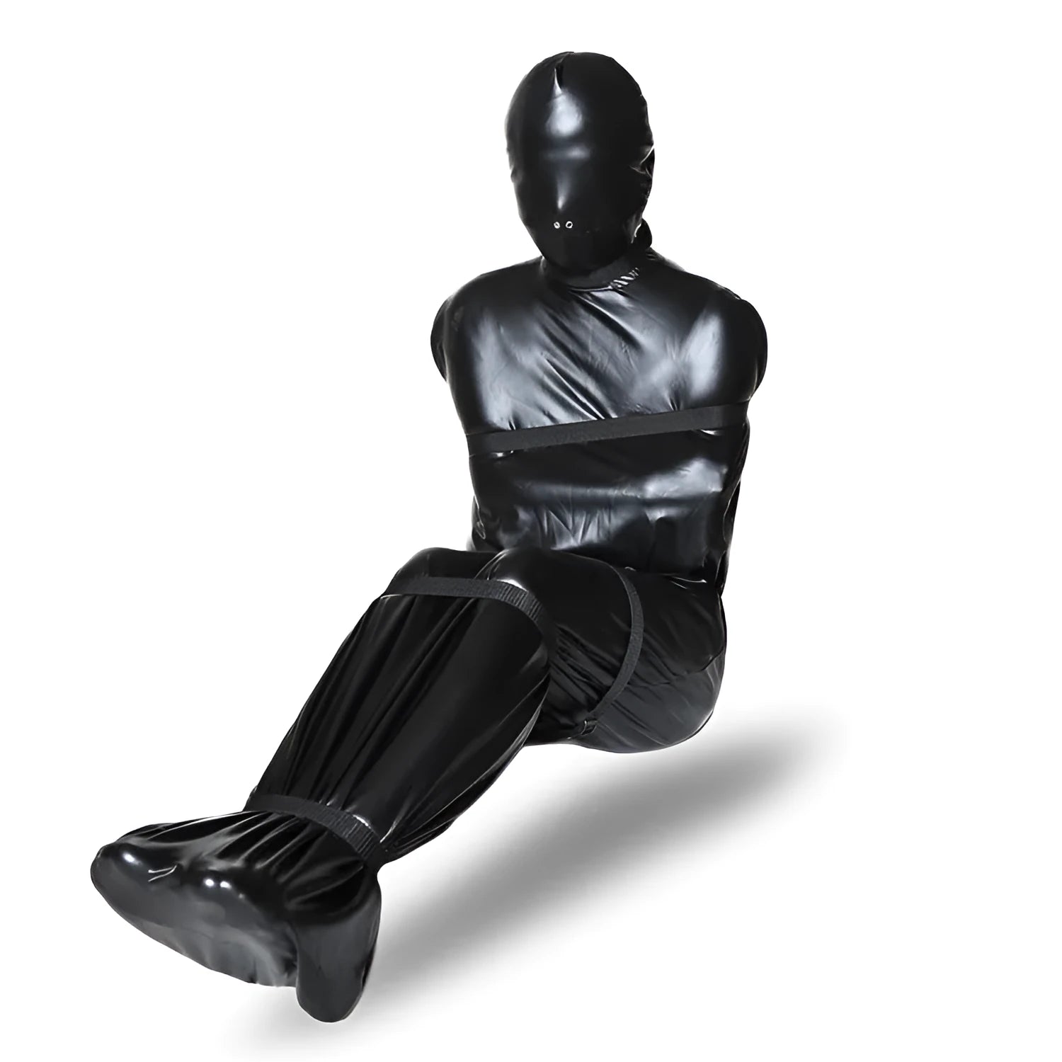 Black patent leather bondage suit with six ratchet tie down pieces for full body restraint
